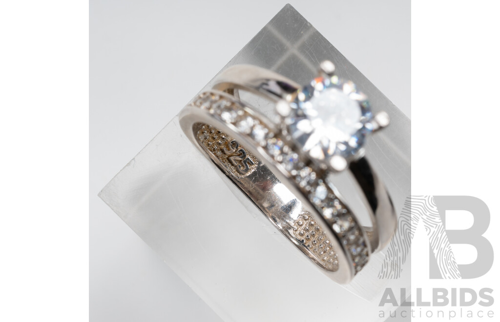 NEW - Sterling Silver Cubic Zirconia, Travel Ring, Size L & Sterling Silver Black & White Cz Halo Ring, Size N, 7.8 Grams