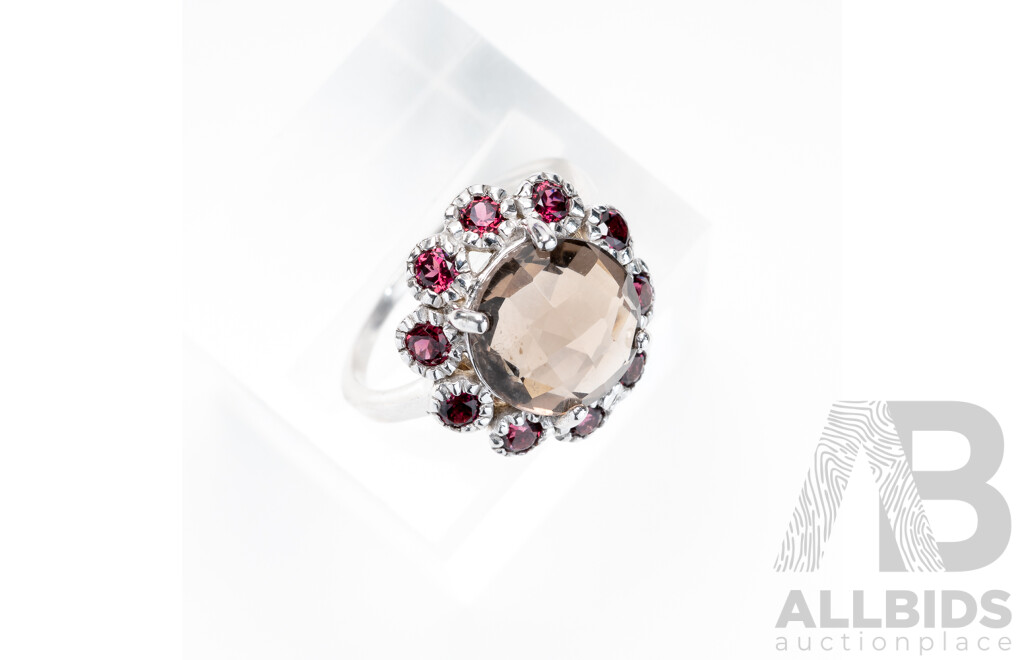 Sterling Silver Smokey Quartz and Rhodolite Garnet Ring, Size L, 3.61 Grams - as New