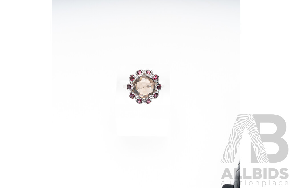 Sterling Silver Smokey Quartz and Rhodolite Garnet Ring, Size L, 3.61 Grams - as New