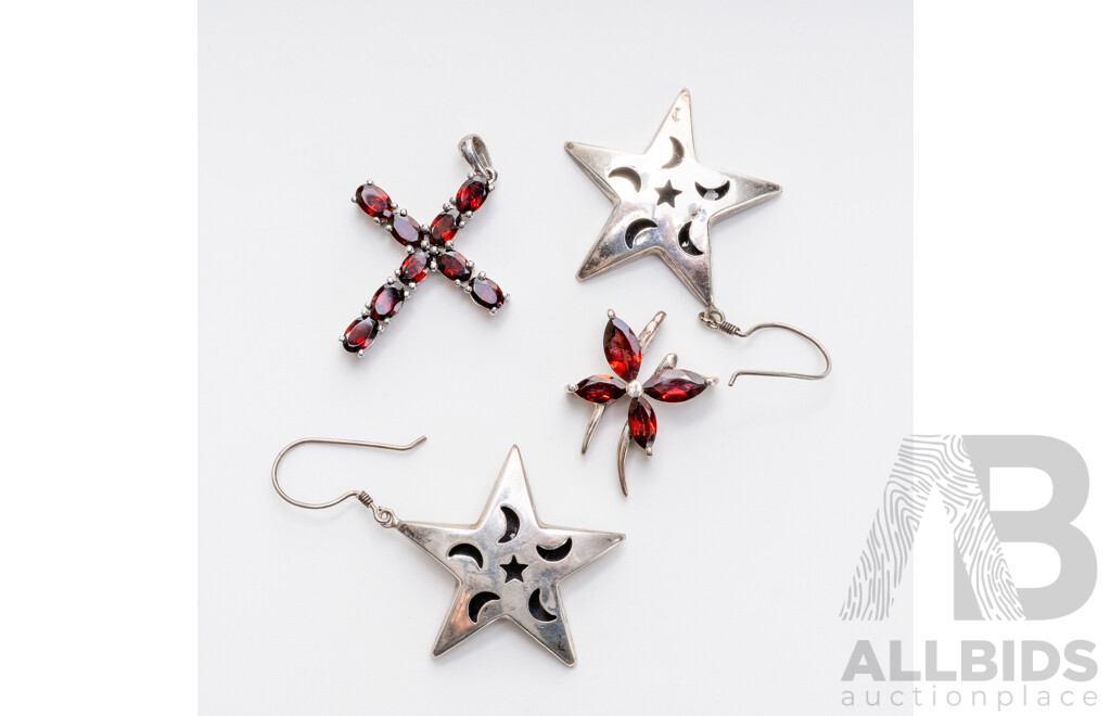 Sterling Silver Garnet Cross Pendant, Garnet Butterfly Pendant & SS Star Drop Earrings, 16.32 Grams