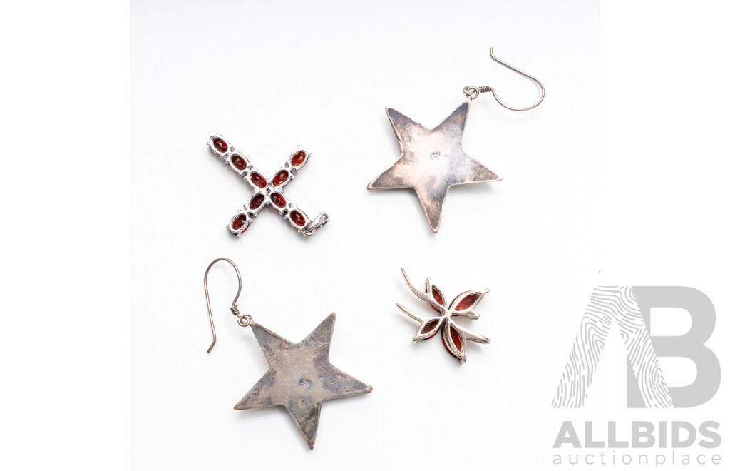Sterling Silver Garnet Cross Pendant, Garnet Butterfly Pendant & SS Star Drop Earrings, 16.32 Grams