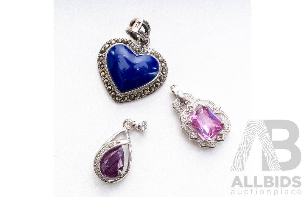 Sterling Silver (3) Gemstone Pendants Including Natural Ruby, 8.34 Grams - as New