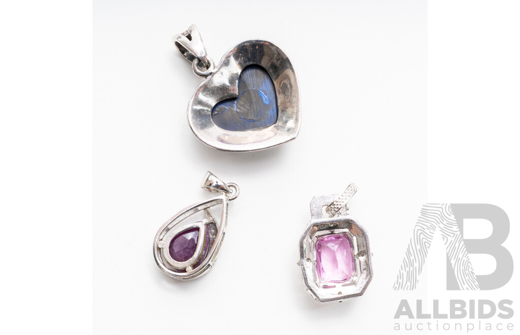 Sterling Silver (3) Gemstone Pendants Including Natural Ruby, 8.34 Grams - as New