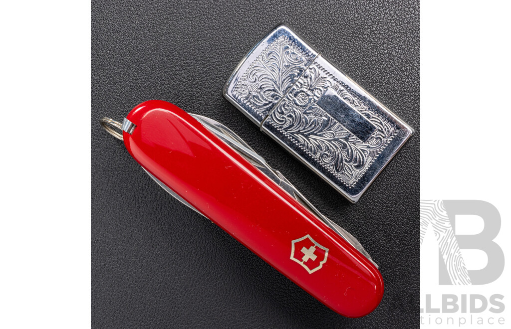 Victorinox Explorer Medium Pocket Knife with Magnifying Glass, in Original Presentation Box & Nobilis Silver Tone Gas Lighter