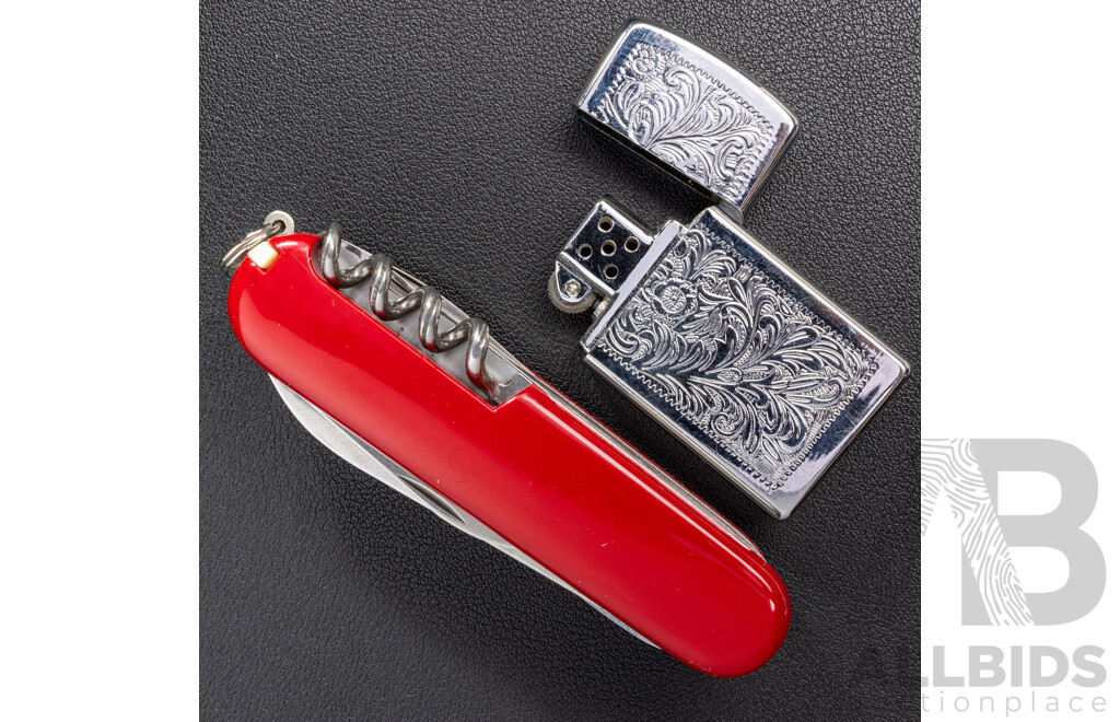 Victorinox Explorer Medium Pocket Knife with Magnifying Glass, in Original Presentation Box & Nobilis Silver Tone Gas Lighter