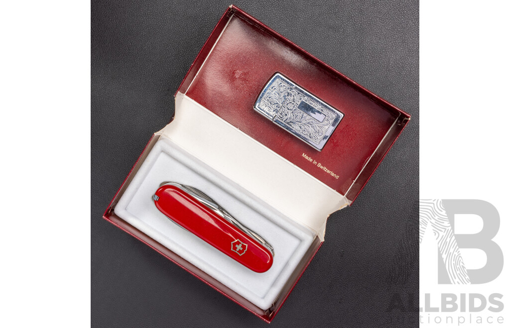 Victorinox Explorer Medium Pocket Knife with Magnifying Glass, in Original Presentation Box & Nobilis Silver Tone Gas Lighter