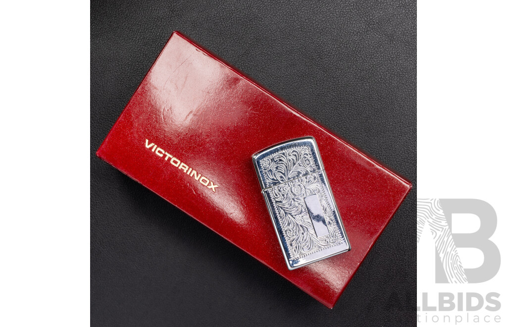 Victorinox Explorer Medium Pocket Knife with Magnifying Glass, in Original Presentation Box & Nobilis Silver Tone Gas Lighter