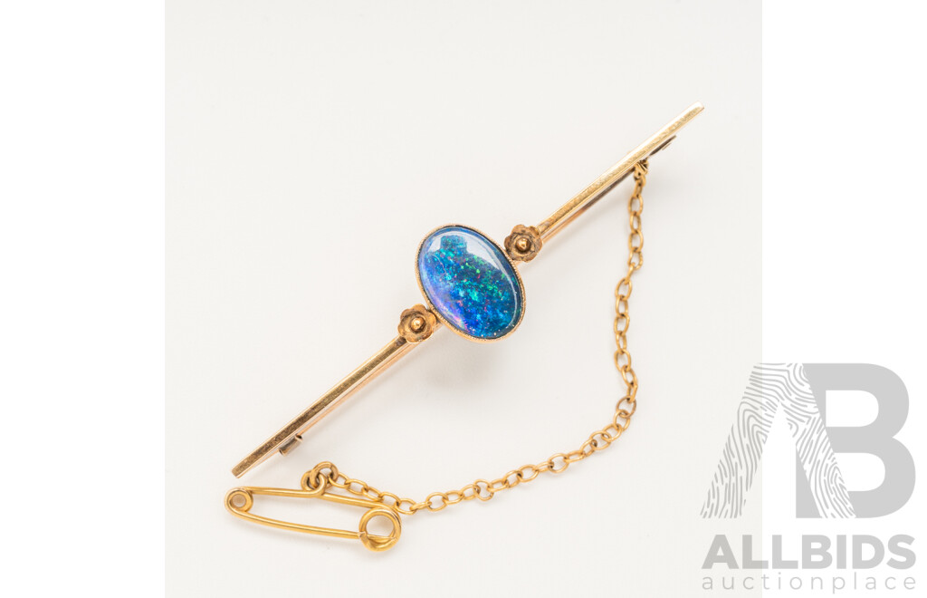 9ct Vintage Opal Doublet Gold Bar Brooch, 53mm, 3.31 Grams