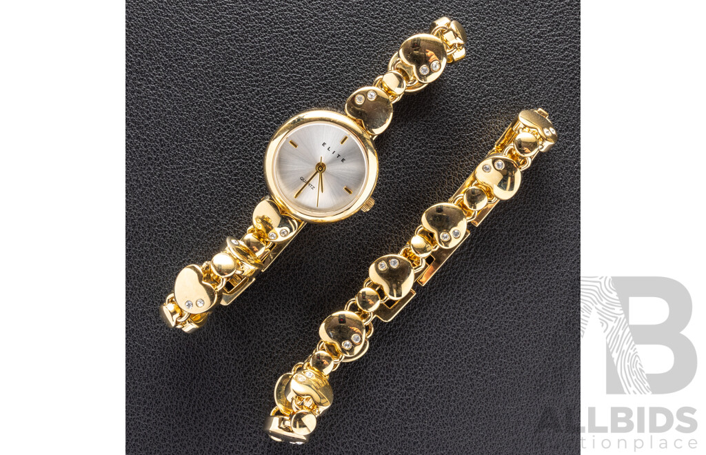 Elite Ladies Gold Tone Dress Watch and Matching Bracelet Gift Set in Orginal Presentation Box