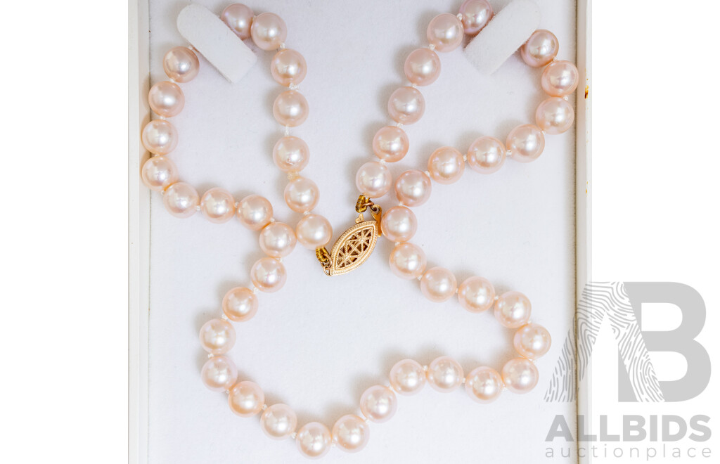 Stunning Pale Pink Akoya Pearl 45cm Necklace with 9ct Clasp and 1971 Mikimoto Certificate