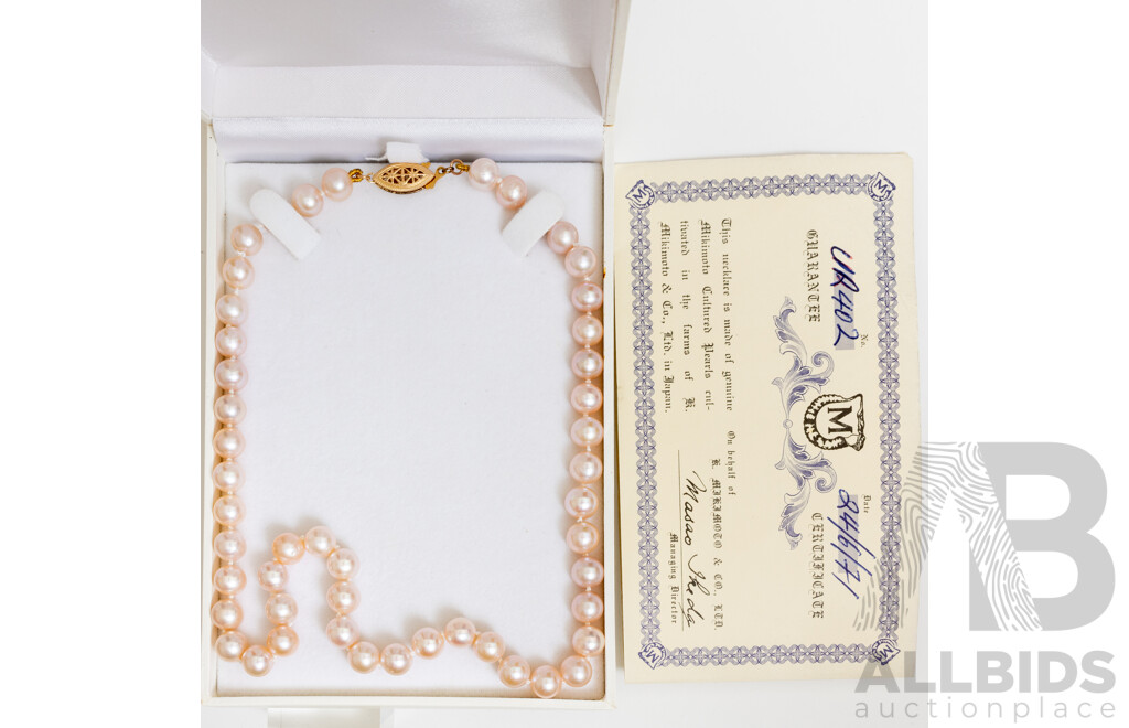 Stunning Pale Pink Akoya Pearl 45cm Necklace with 9ct Clasp and 1971 Mikimoto Certificate