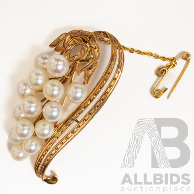 14ct Stunning Vintage Akoya Pearl Brooch, 53mm, 11.64 Grams