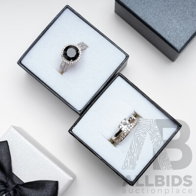 NEW - Sterling Silver Cubic Zirconia, Travel Ring, Size L & Sterling Silver Black & White Cz Halo Ring, Size N, 7.8 Grams