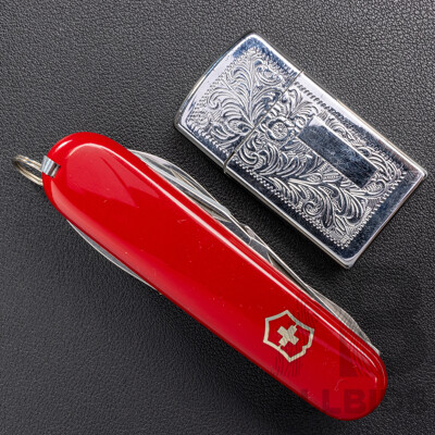 Victorinox Explorer Medium Pocket Knife with Magnifying Glass, in Original Presentation Box & Nobilis Silver Tone Gas Lighter