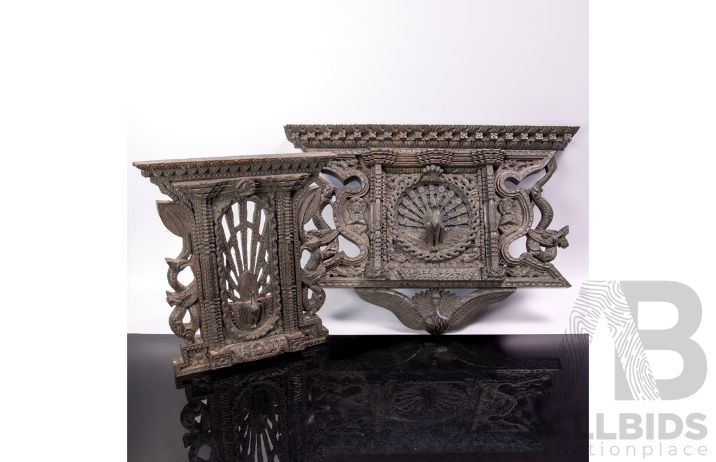 Hand Carved Wooden Subcontinental Wall Panels with Peacock Motif to Centre