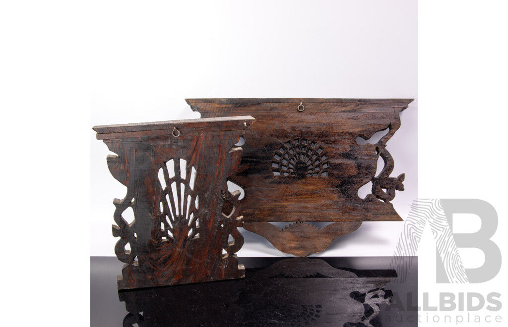 Hand Carved Wooden Subcontinental Wall Panels with Peacock Motif to Centre