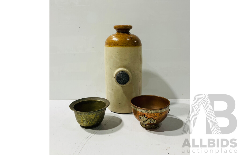 Stoneware Canister with Etched Brass Cup and Decorated Copper Cup