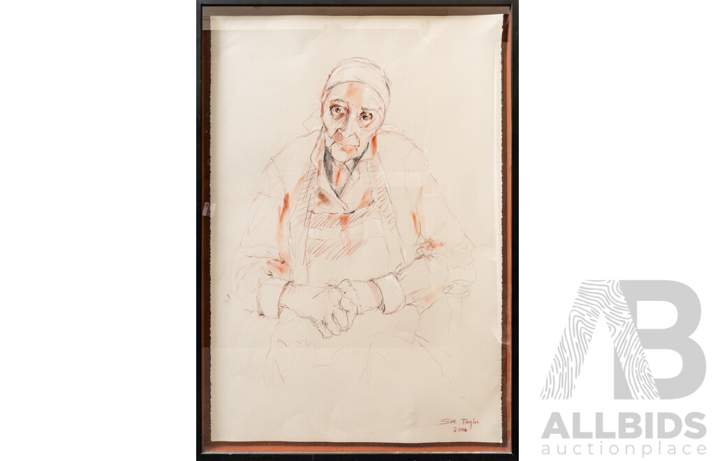 Sue Taylor, (20th Century, Australian), Soup Kitchen Lady [Portrait of Canberra's Stasia Dabrowksi], Pastel & Crayon, 119 x 85 cm (frame)