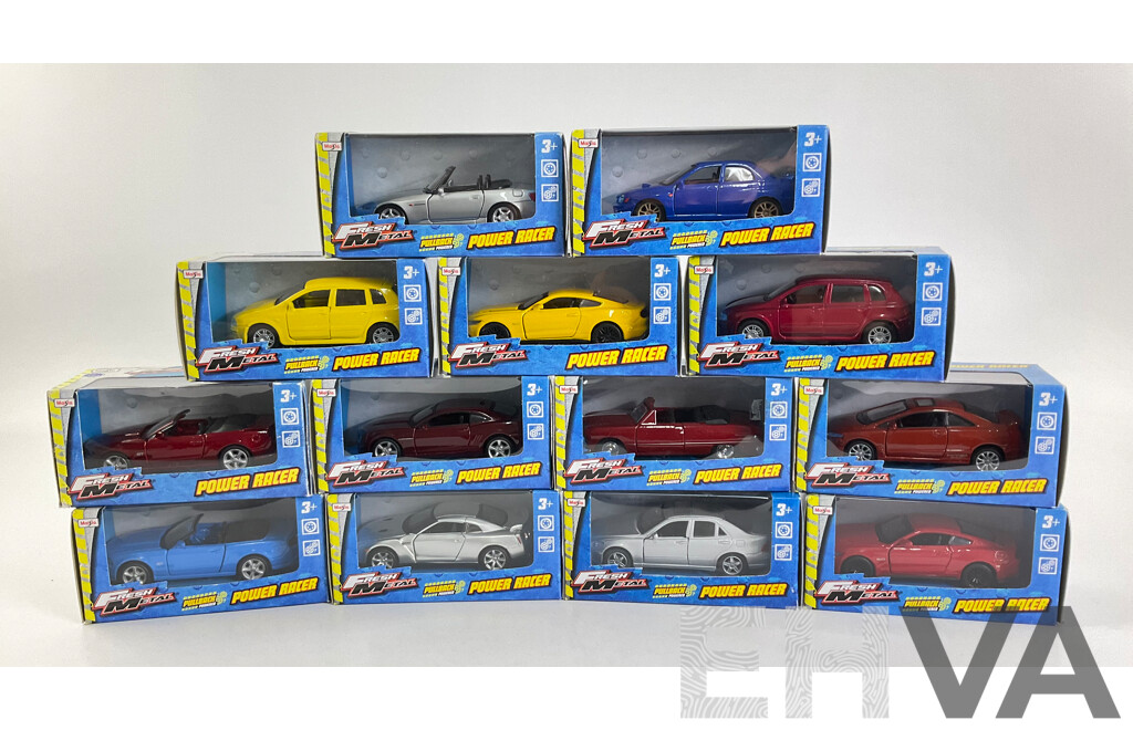 Thirteen Maisto Diecast Fresh Metal Power Racers Including Subaru, Honda, Ford Mustang, Camaro