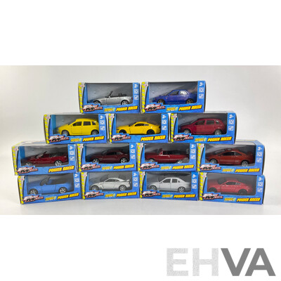 Thirteen Maisto Diecast Fresh Metal Power Racers Including Subaru, Honda, Ford Mustang, Camaro