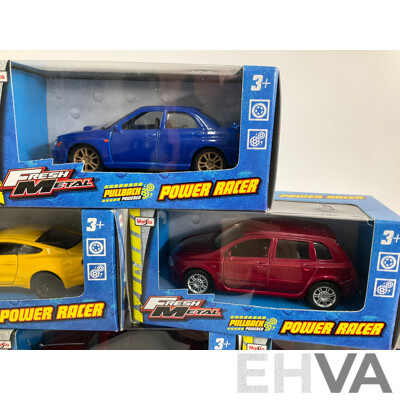 Thirteen Maisto Diecast Fresh Metal Power Racers Including Subaru, Honda, Ford Mustang, Camaro