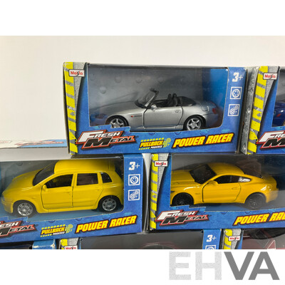 Thirteen Maisto Diecast Fresh Metal Power Racers Including Subaru, Honda, Ford Mustang, Camaro