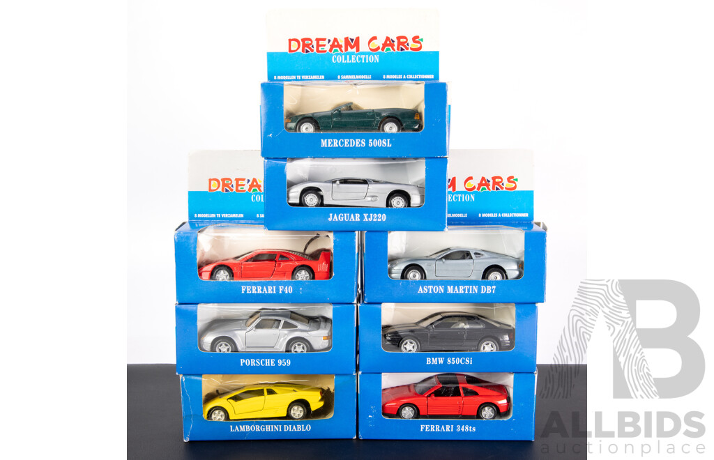 Dream Cars Collection Diecast Vehicles Complete Set Including Ferrari, Porsche, Jaguar, Mercedes, Jaguar, BMW, Aston Martin - 1:43 Scale