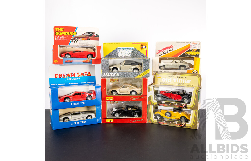 Nine Diecast Classic Vehicles Including Maisto, Grippers Classics, Superior, Mercedes, Ferrari, Jaguar, Bugatti, Porsche  - 1:43 Scale