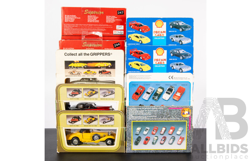 Nine Diecast Classic Vehicles Including Maisto, Grippers Classics, Superior, Mercedes, Ferrari, Jaguar, Bugatti, Porsche  - 1:43 Scale