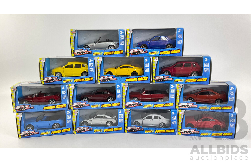 Thirteen Maisto Diecast Fresh Metal Power Racers Including Subaru, Honda, Ford Mustang, Camaro