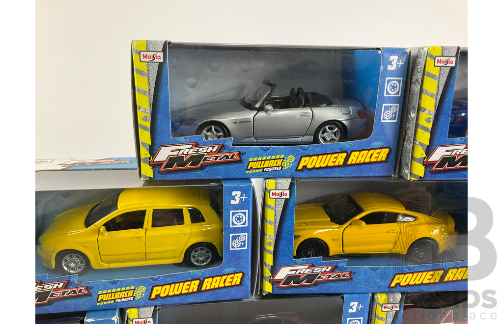 Thirteen Maisto Diecast Fresh Metal Power Racers Including Subaru, Honda, Ford Mustang, Camaro