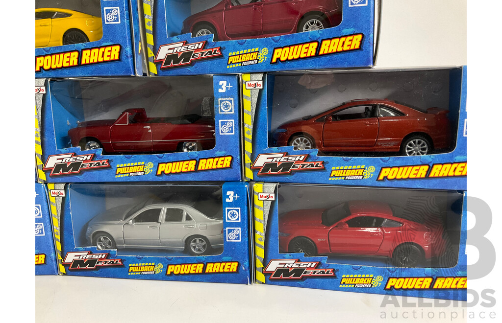 Thirteen Maisto Diecast Fresh Metal Power Racers Including Subaru, Honda, Ford Mustang, Camaro
