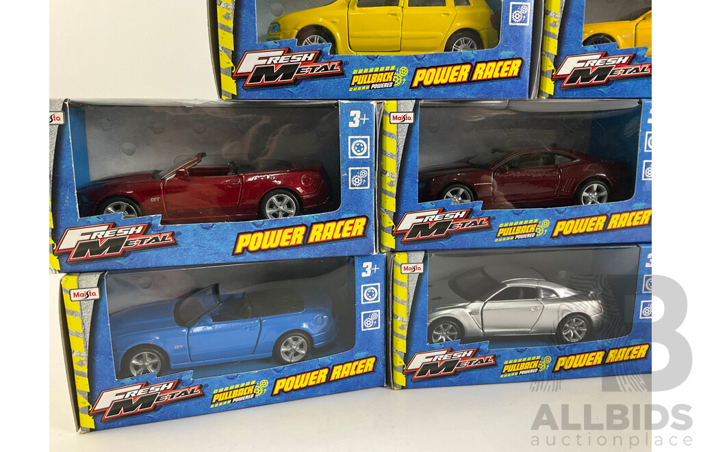 Thirteen Maisto Diecast Fresh Metal Power Racers Including Subaru, Honda, Ford Mustang, Camaro