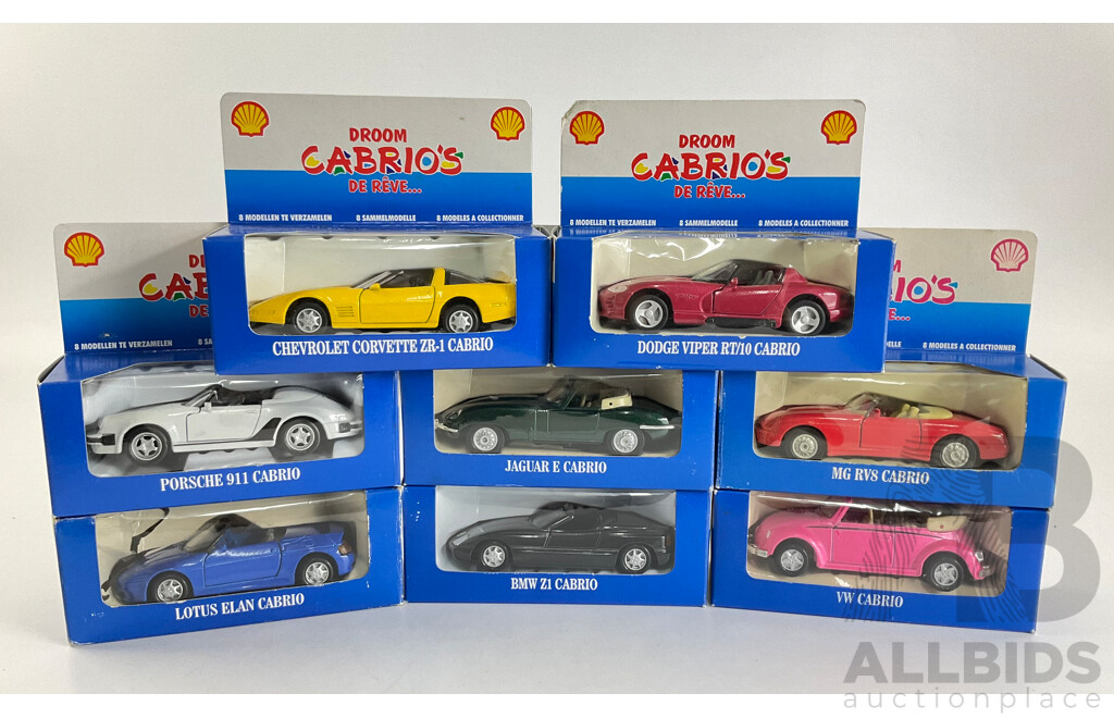 Eight Boxed Diecast Shell Cabrio's Complete Set Including Dodge, Corvette, Lotus, Porsche, BMW, VW, Jaguar