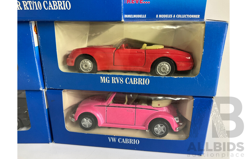 Eight Boxed Diecast Shell Cabrio's Complete Set Including Dodge, Corvette, Lotus, Porsche, BMW, VW, Jaguar