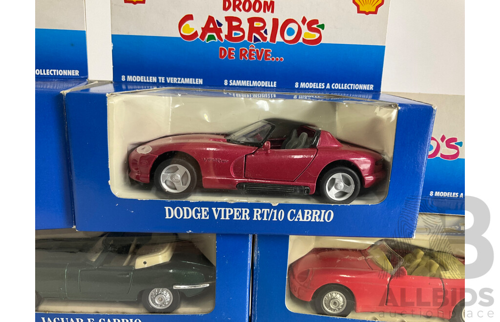 Eight Boxed Diecast Shell Cabrio's Complete Set Including Dodge, Corvette, Lotus, Porsche, BMW, VW, Jaguar