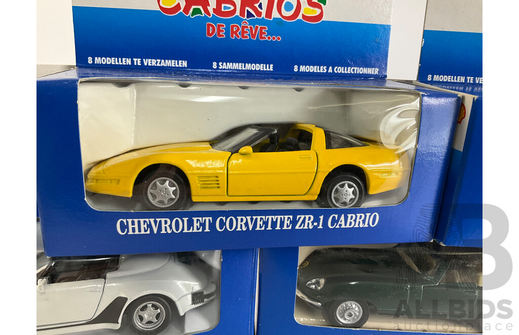 Eight Boxed Diecast Shell Cabrio's Complete Set Including Dodge, Corvette, Lotus, Porsche, BMW, VW, Jaguar