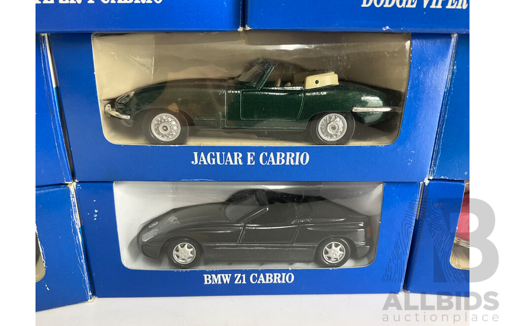 Eight Boxed Diecast Shell Cabrio's Complete Set Including Dodge, Corvette, Lotus, Porsche, BMW, VW, Jaguar