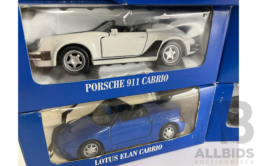 Eight Boxed Diecast Shell Cabrio's Complete Set Including Dodge, Corvette, Lotus, Porsche, BMW, VW, Jaguar