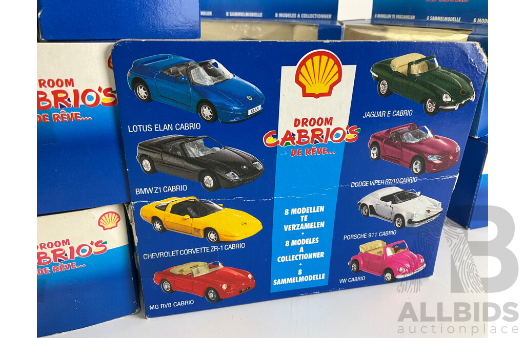 Eight Boxed Diecast Shell Cabrio's Complete Set Including Dodge, Corvette, Lotus, Porsche, BMW, VW, Jaguar