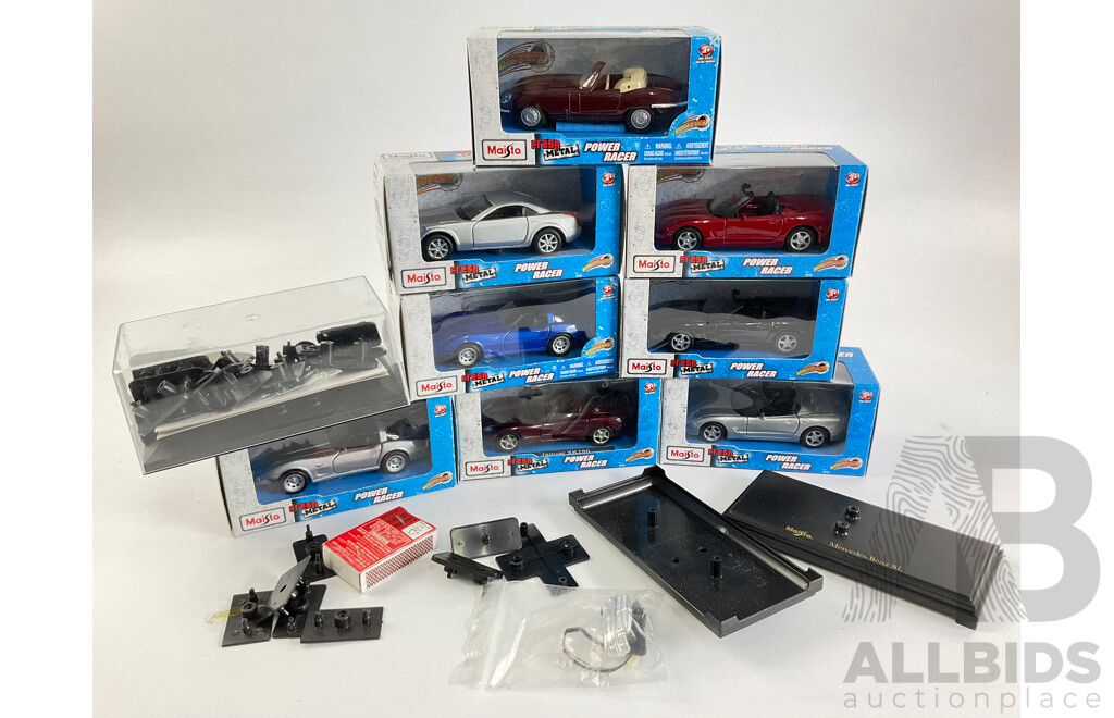 Eight Maisto Diecast Fresh Metal Power Racers Including Corvette, Jaguar, with Display Case Parts