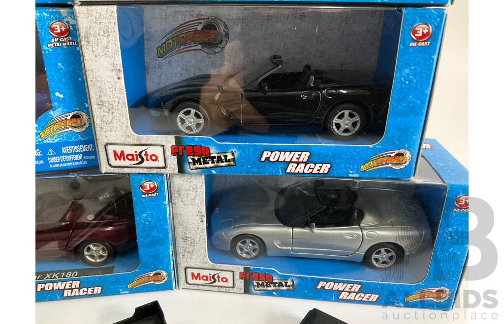 Eight Maisto Diecast Fresh Metal Power Racers Including Corvette, Jaguar, with Display Case Parts