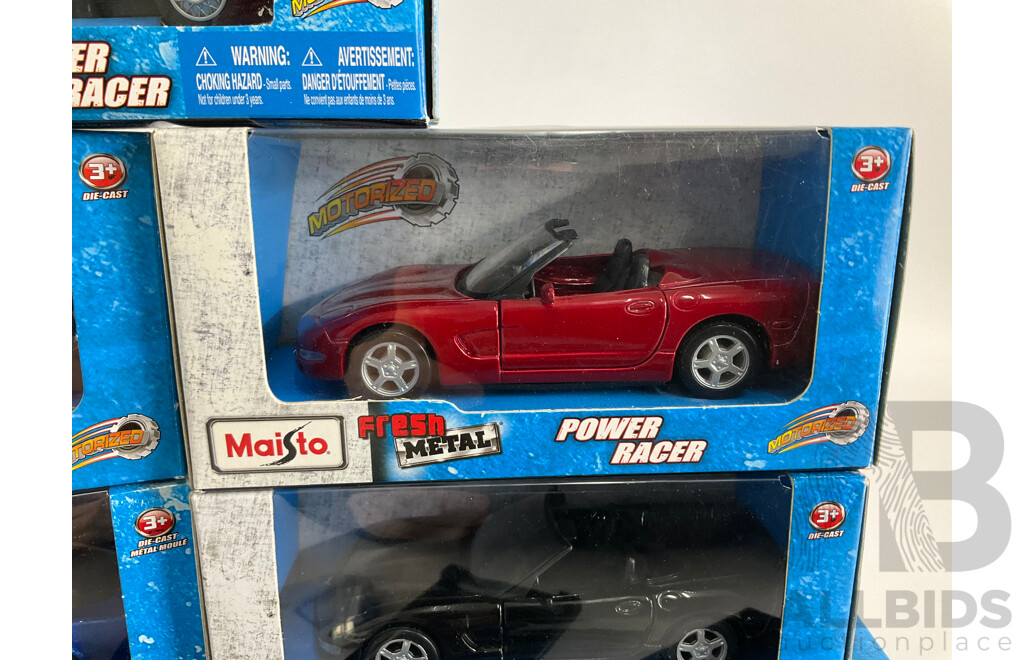 Eight Maisto Diecast Fresh Metal Power Racers Including Corvette, Jaguar, with Display Case Parts