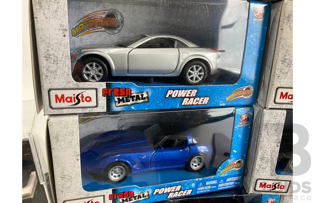 Eight Maisto Diecast Fresh Metal Power Racers Including Corvette, Jaguar, with Display Case Parts