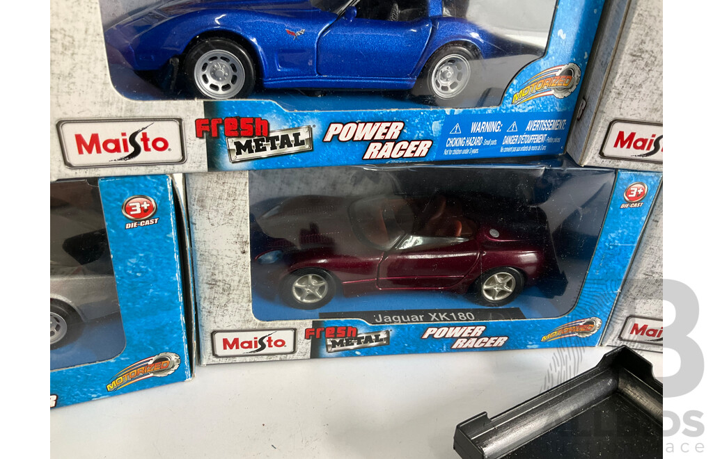 Eight Maisto Diecast Fresh Metal Power Racers Including Corvette, Jaguar, with Display Case Parts