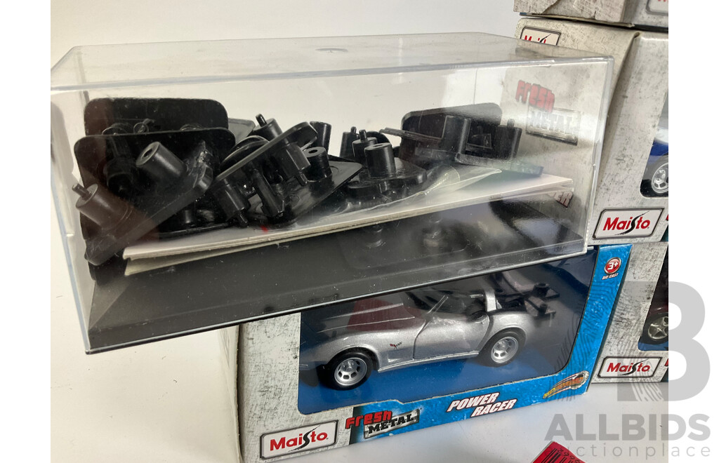Eight Maisto Diecast Fresh Metal Power Racers Including Corvette, Jaguar, with Display Case Parts