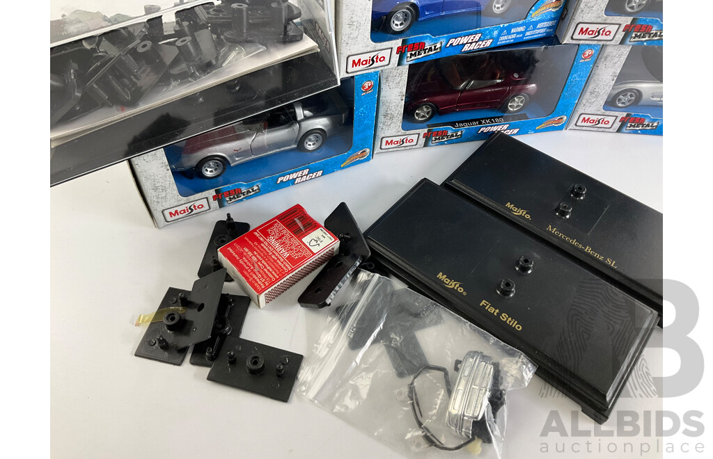 Eight Maisto Diecast Fresh Metal Power Racers Including Corvette, Jaguar, with Display Case Parts