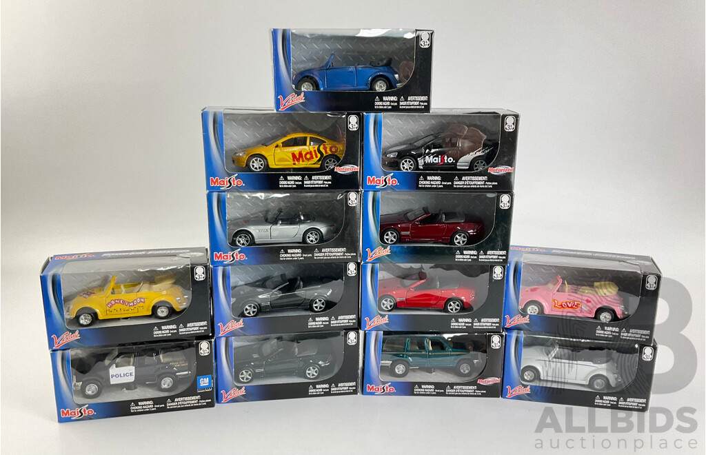 Thirteen Boxed Diecast Maisto Special Edition Vehicles Including Volkswagen, Mercedes, BMW