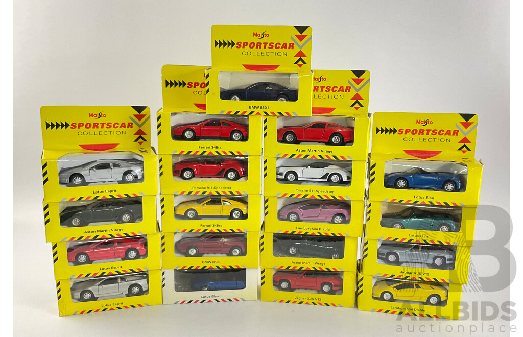 Nineteen Boxed Diecast Maisto Sportscar Collection Vehicles Including Lotus, Ferrari, Lamborghini, Jaguar, Porsche