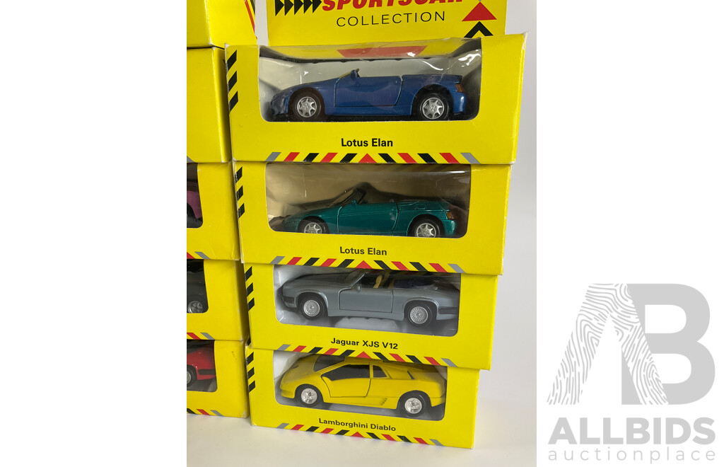 Nineteen Boxed Diecast Maisto Sportscar Collection Vehicles Including Lotus, Ferrari, Lamborghini, Jaguar, Porsche
